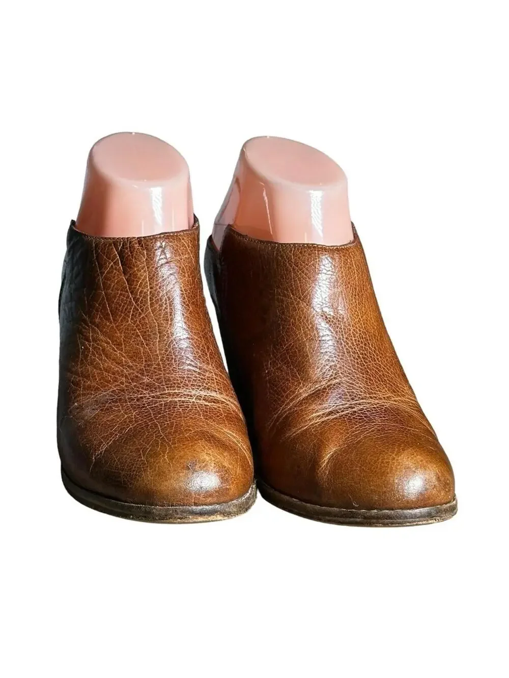 JEFFREY CAMPBELL • Ibiza Last Vinton Brown Leather Stack Heel Mules Booties 7.5